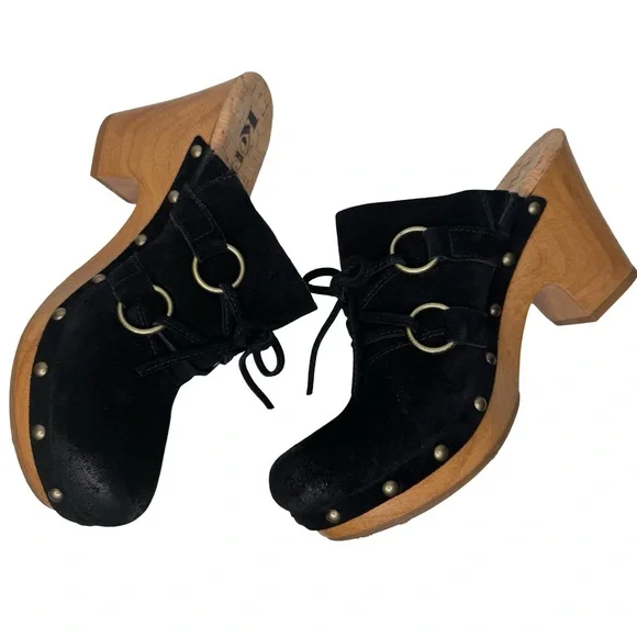 KORKS Woodley Black Suede Studded Clogs Mules with Wooden Heel Size 8M - Picture 7 of 13